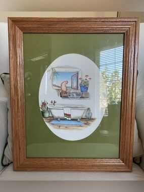 VTG Carol Jean Cat in Window Bathroom Wood Framed Print Olive Green Mat 11x17